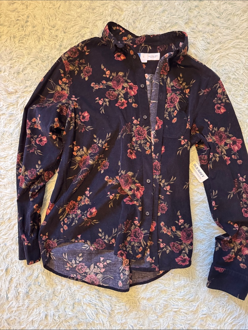 Old Navy Navy Floral Button-Down Shirt with Pink Roses large. New with tags